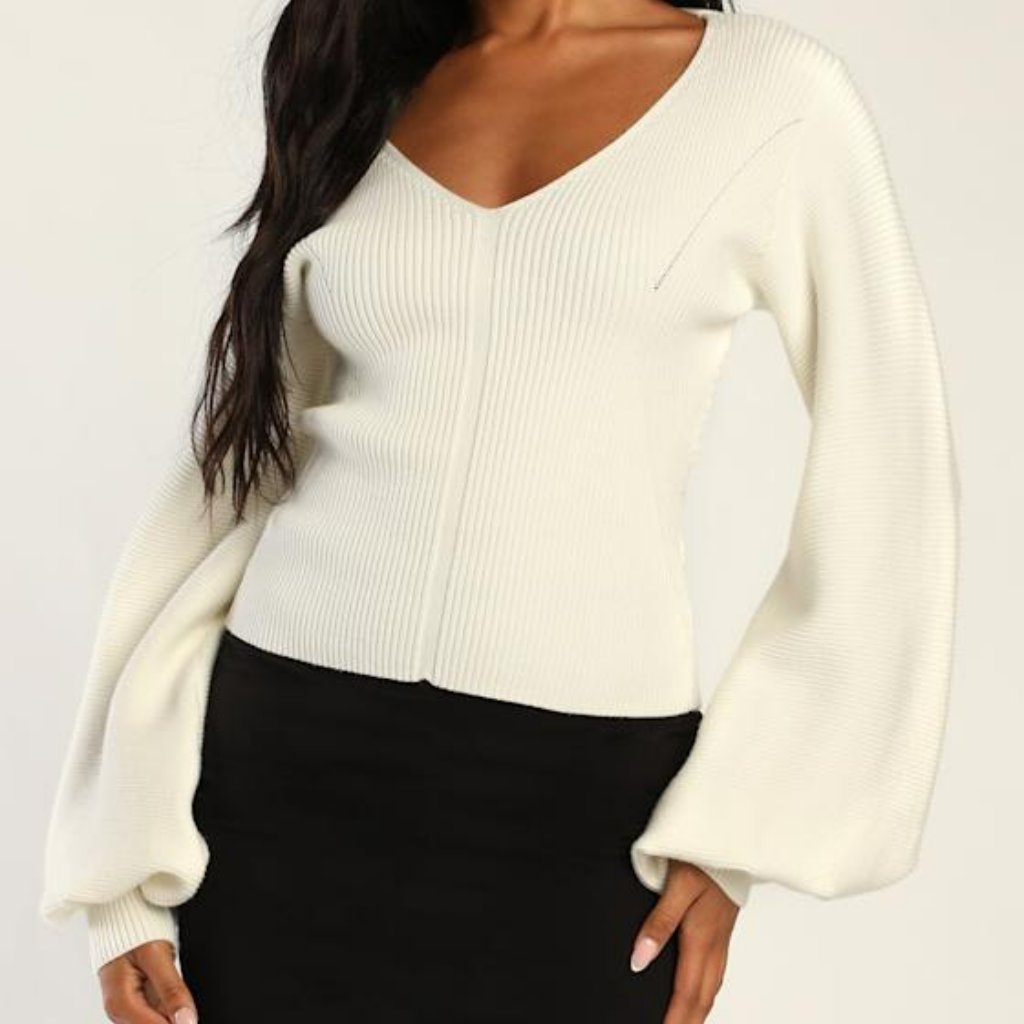 V-Neck Balloon Sleeve Sweater Top White/Ivory